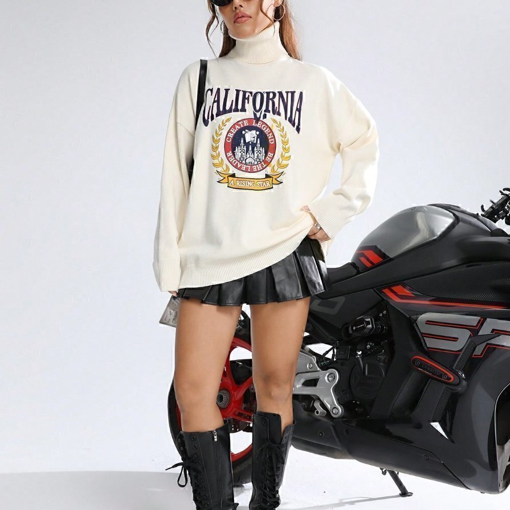 Beige Casual Womens Letter Graphic Turtleneck Drop Shoulder Sweater